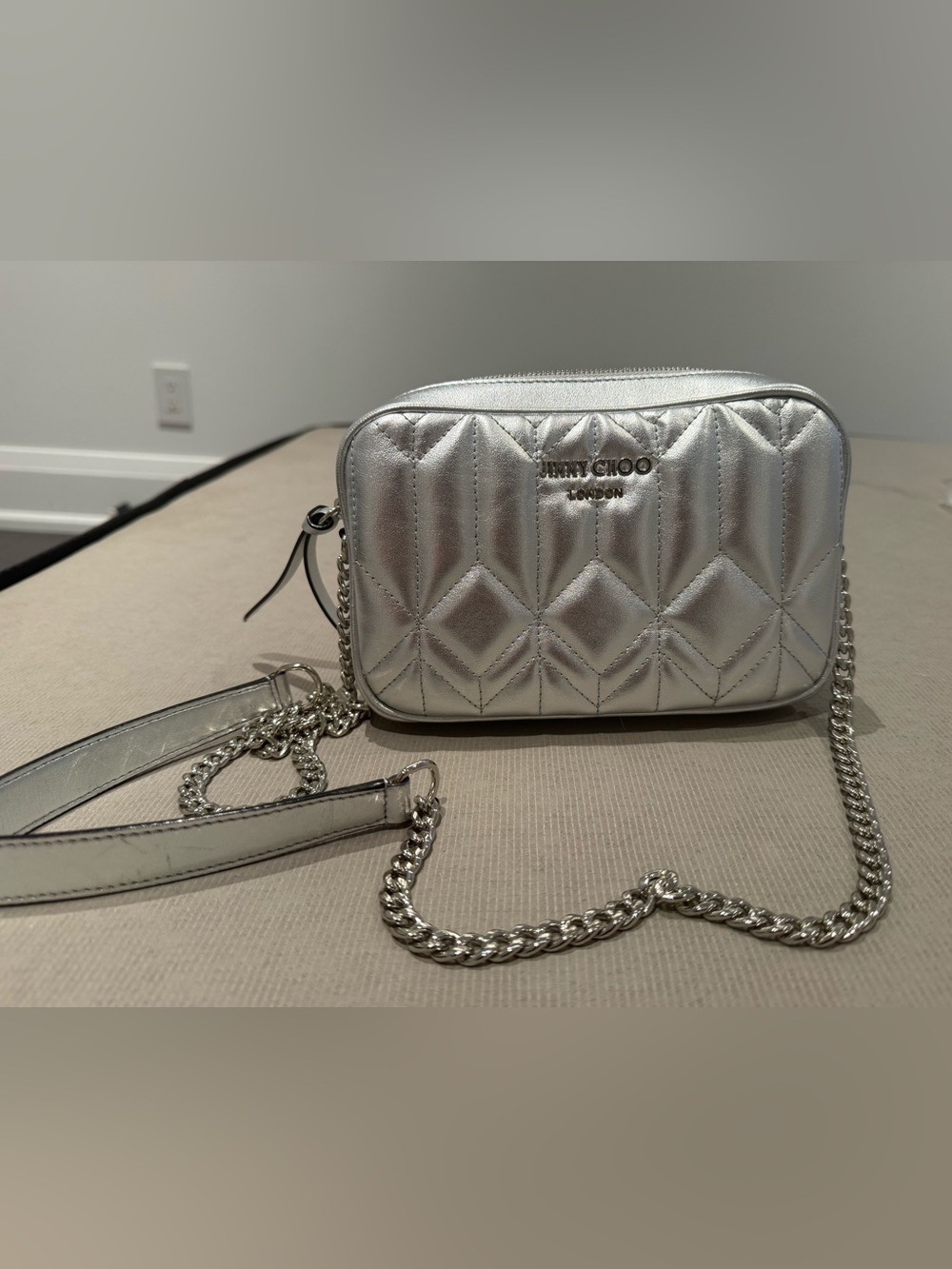 Jimmy Choo Metallic Silver Quilted Chain Crossbody